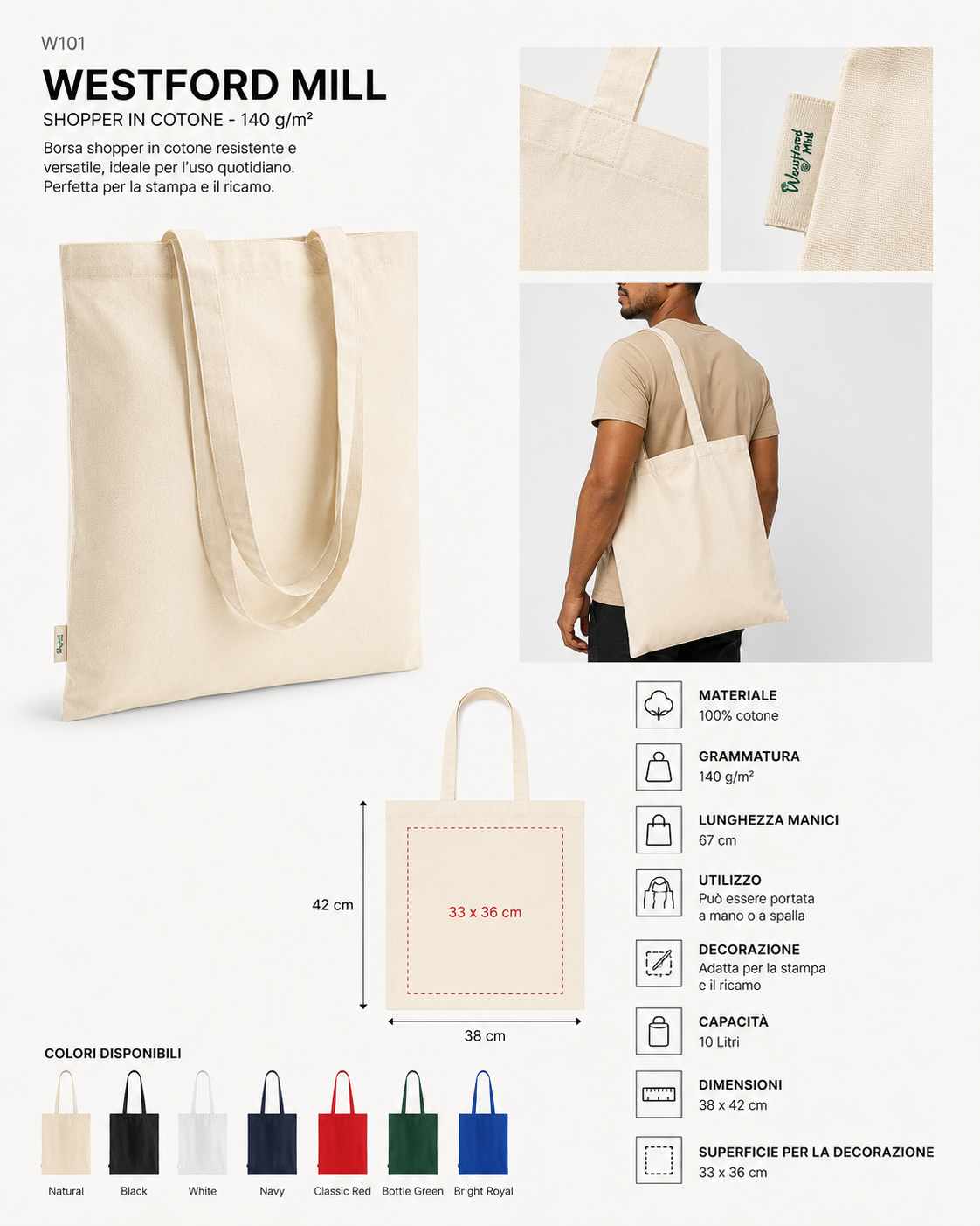 W101 Shopper cotone economica Westford Mill Bag for Life - Long