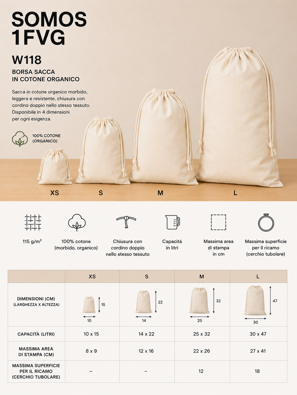W118 Sacca con cordini Westford Mill Soft Cotton Drawcord